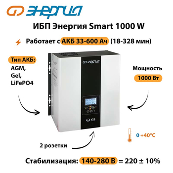 ИБП Энергия Smart 1000W - ИБП и АКБ - Энергия ИБП Smart - . Магазин оборудования для автономного и резервного электропитания Ekosolar.ru в Муроме