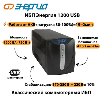 Энергия ИБП 1200 USB - ИБП и АКБ - ИБП для компьютера - . Магазин оборудования для автономного и резервного электропитания Ekosolar.ru в Муроме