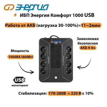 ИБП Комфорт 1000 USB Энергия - ИБП и АКБ - ИБП для компьютера - . Магазин оборудования для автономного и резервного электропитания Ekosolar.ru в Муроме
